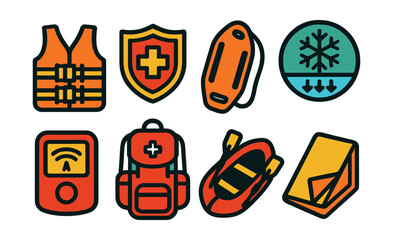 Flat vector icons of water and snow safety: life vest icon, lifeguard badge, rescue tube float, ice thickness safety badge, avalanche beacon device, mountain rescue backpack, water rescue boat,