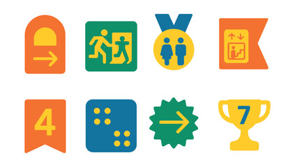 Flat vector icons of museum outreach and digital presence: virtual tour headset badge, museum website homepage trophy, digital exhibition menu medal, app with indoor map ribbon, email newsletter