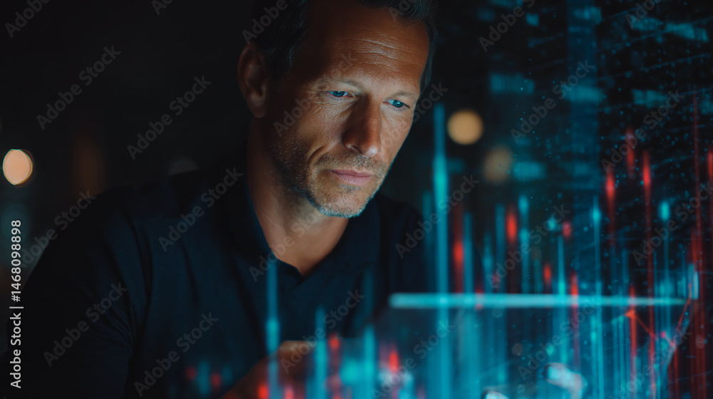 Poster man reviewing data on a transparent screen, illuminated by blue and red light, showcasing modern tec