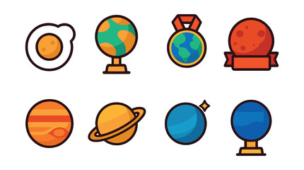 Fototapeta premium Flat vector icons of solar system bodies: Mercury orbit line badge, Venus globe trophy, Earth with atmosphere medal, Mars crater surface ribbon, Jupiter with Great Red Spot icon, Saturn ring system