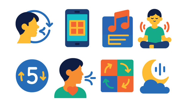 Flat vector icons of breathing techniques and relaxation: deep breathing guide icon, box breathing app badge, relaxation music playlist, meditation breathing session, stress relief breath counter,