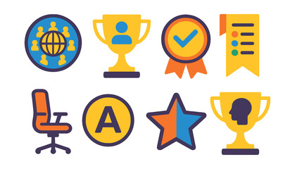 Flat vector icons of inclusive design principles: universal design badge, user-first accessibility trophy, usability for all medal, visual hierarchy clarity ribbon, ergonomic design icon, readable