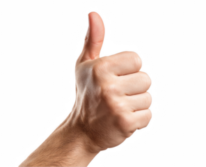 Closeup male hand showing thumbs up gesture positive sign approval yes man on transparent background
