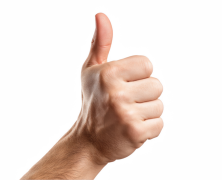 Closeup male hand showing thumbs up gesture positive sign approval yes man on transparent background
