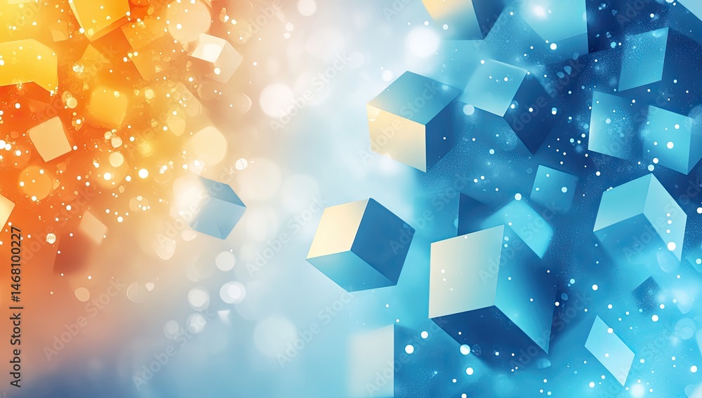 Poster abstract composition of cubes in warm and cool tones. floating 3d cubes in a gradient of orange and 