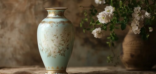 Elegant Ceramic Gold and White Porcelain Vase on Marble Pedestal-Timeless Artistic Decor.