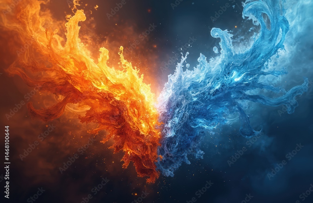 Poster artistic clash fire ice. two elements combine, bright orange fire meets cool blue ice in dynamic vis