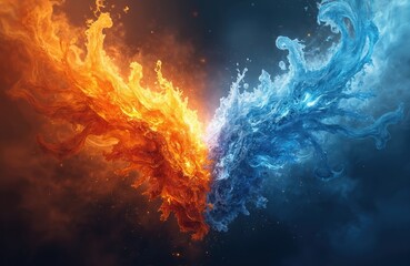 Artistic clash fire ice. Two elements combine, bright orange fire meets cool blue ice in dynamic visual. Energetic forms collide, creating contrast. Powerful imagery of conflict fusion. Abstract