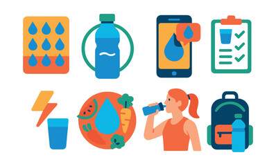 Flat vector icons of hydration and wellness: daily water intake tracker, reusable water bottle badge, hydration reminder app, morning hydration checklist, hydration and energy link guide, water-rich