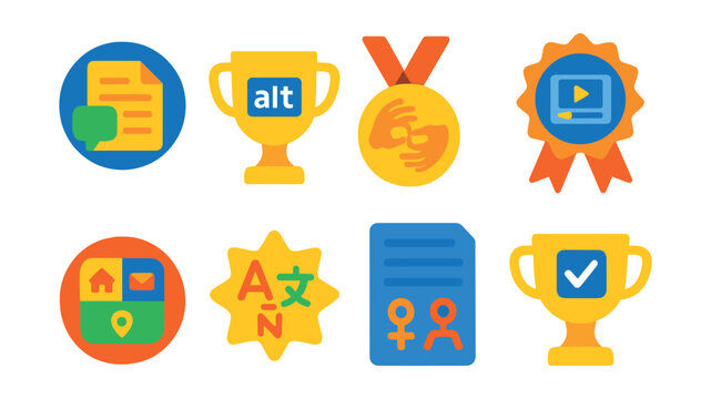 Flat vector icons of inclusive communication: plain language document badge, alternative text support trophy, sign language icon medal, captioned video ribbon, icon-based navigation badge,