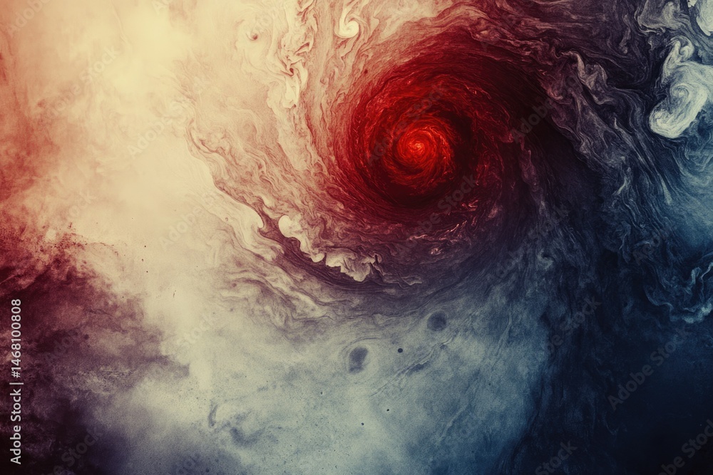 Poster abstract swirling vortex of red and blue hues, creating a mesmerizing cosmic effect.