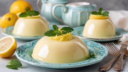 Fototapeta premium Lemon Dream Elegant Panna Cotta with Citrus Mint with Delicious Treat.