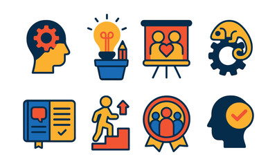 Flat vector icons of soft skills for the future: critical thinking badge, creativity skill development, emotional intelligence workshop, adaptability skills badge, communication mastery planner,