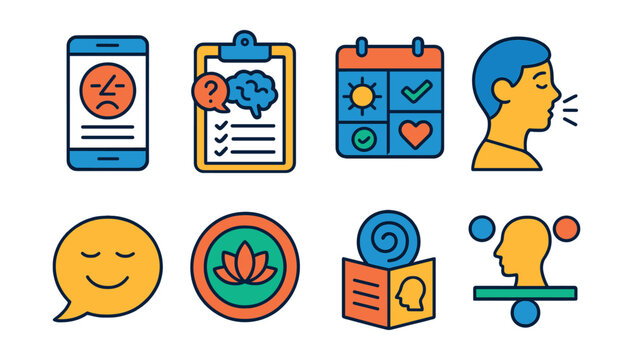 Flat vector icons of stress and anxiety management: stress tracker app, coping mechanisms guide, calming activities planner, stress relief breathing exercises, positive self-talk badge, stress