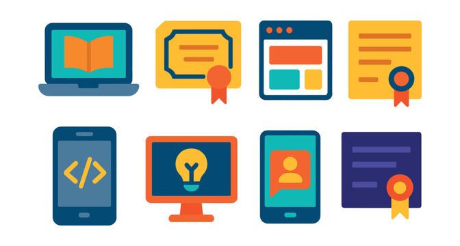 Flat vector icons of educational platforms and MOOCs: online course platform badge, MOOC certificate badge, top learning portals guide, professional certification programs badge, coding bootcamp app,