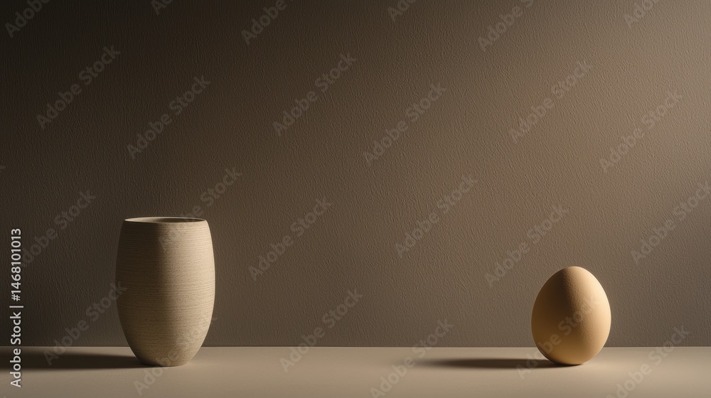 Poster two objects on a table against a wall.
