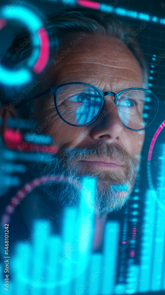 Poster Close-up of a man's face, partially obscured by a blue digital interface showing graphs and charts, suggesting data analysis or technological innovation