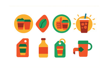 Flat vector icons of beverage promos: 2-for-1 drink icon, new blend label, barista’s pick badge, iced drink spotlight, drink of the week tag, limited batch bottle icon, refill discount label, bring