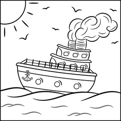 simple cartoon ship coloring page for kids with sea waves and sun in black and white sketch style