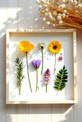 Floral composition of yellow and pink flowers with green leaves in a wooden frame on a light table. Concept harmony of nature, coziness and handmade aesthetics.