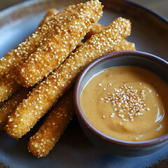 Crunchy sesame sticks served with creamy peanut dip in a rustic bowl on a textured plate
