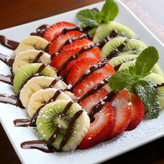 Fresh fruit platter with strawberries, kiwis, and bananas drizzled with chocolate sauce