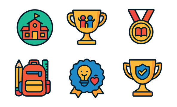 Flat vector icons of education rights: free primary school badge, inclusive learning trophy, literacy access medal, multilingual education support ribbon, school supplies access icon, special