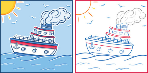 cartoon ship coloring page full color and color outline for easy drawing and coloring practice