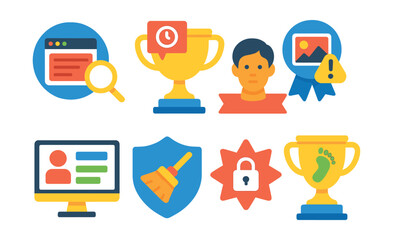 Flat vector icons of understanding digital footprints: search engine result awareness badge, archive of old posts trophy, public post consequences medal, photo sharing risks ribbon, digital