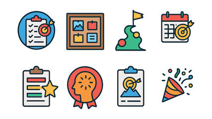 Flat vector icons of goal setting techniques: SMART goals planner badge, vision board creation guide, personal development milestones tracker, yearly goal planner badge, monthly micro-goals system,