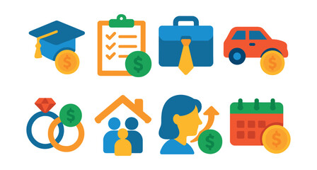 Flat vector icons of financial planning for life stages: saving for college badge, budgeting for first apartment planner, preparing for first full-time job badge, first car savings guide, wedding