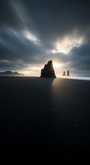 Dramatic black sand beach sunrise with rock formations in Iceland scenery