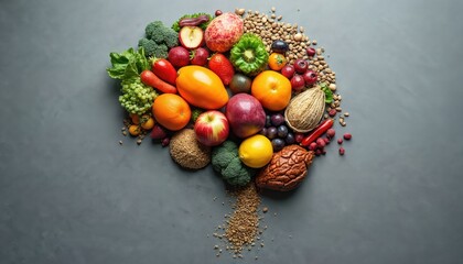 Healthy organic food arranged in brain shape. Fruits, vegetables, nuts, seeds, showcase diet for brain health, cognitive function. Boost memory, improve focus. Healthy food for a smart lifestyle.