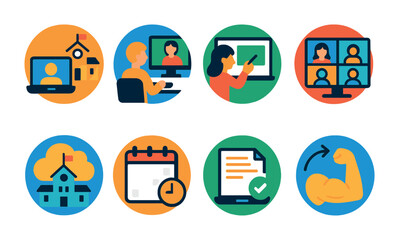 Flat vector icons of hybrid education models: combining online and offline classes badge, attending blended learning sessions badge, using interactive digital boards badge, participating in