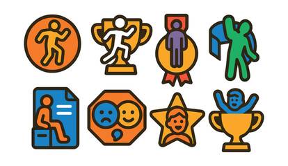 Flat vector icons of animated avatar features: avatar dance move badge, running and walking loop trophy, idle pose options medal, waving gesture icon ribbon, sitting animation list icon, interaction