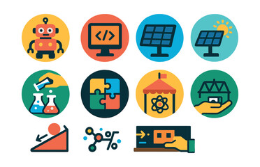 Flat vector icons of STEM projects for students: building simple robots badge, learning coding basics badge, conducting science experiments badge, assembling solar-powered gadgets badge, exploring
