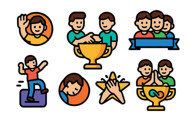 Naklejka premium Flat vector icons of avatar interaction features: wave to user badge, handshake motion trophy, follow-me gesture medal, group photo pose ribbon, dancing animation picker icon, bow or nod selector