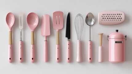 Pink kitchen utensils arranged on white background