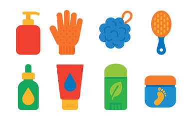 Flat vector icons of body care essentials: body lotion pump, exfoliating gloves, bath sponge, dry brush icon, body oil dropper, hand cream tube, natural deodorant stick, foot care balm.
