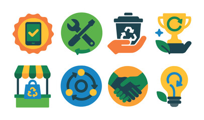 Flat vector icons of promoting circular economy: buying refurbished products badge, repairing instead of replacing badge, supporting recycling businesses badge, participating in circular design