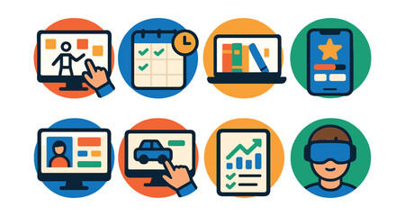 Flat vector icons of digital tools for future learning: using virtual whiteboards badge, scheduling with study planners badge, accessing e-libraries badge, using gamified learning apps badge,