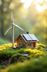 Miniature eco-friendly house with solar panels, wind turbine generates green power. Modern tech for sustainable living, renewable energy in nature. Sustainable home construction.