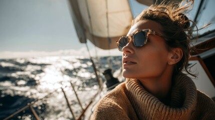 A woman with sunglasses sails on a boat, enjoying the sunny day at the sea.