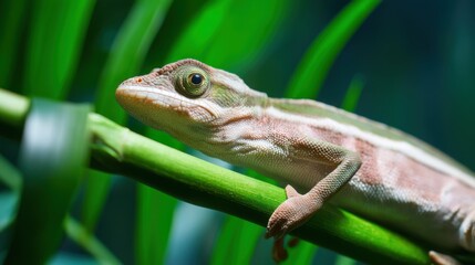 Scaly Reptile Anole Perched on a Green Branch with Leafy Background Wildlife in Nature Photo