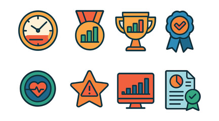 Flat vector icons of project analytics: project timeline tracking badge, resource allocation dashboard medal, budget vs actual costs trophy, project milestone analysis ribbon, project health score