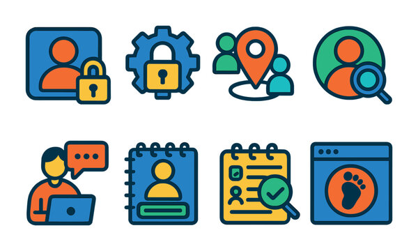 Flat vector icons of social media privacy practices: setting private accounts badge, customizing audience settings badge, limiting location sharing badge, reviewing profile information badge,