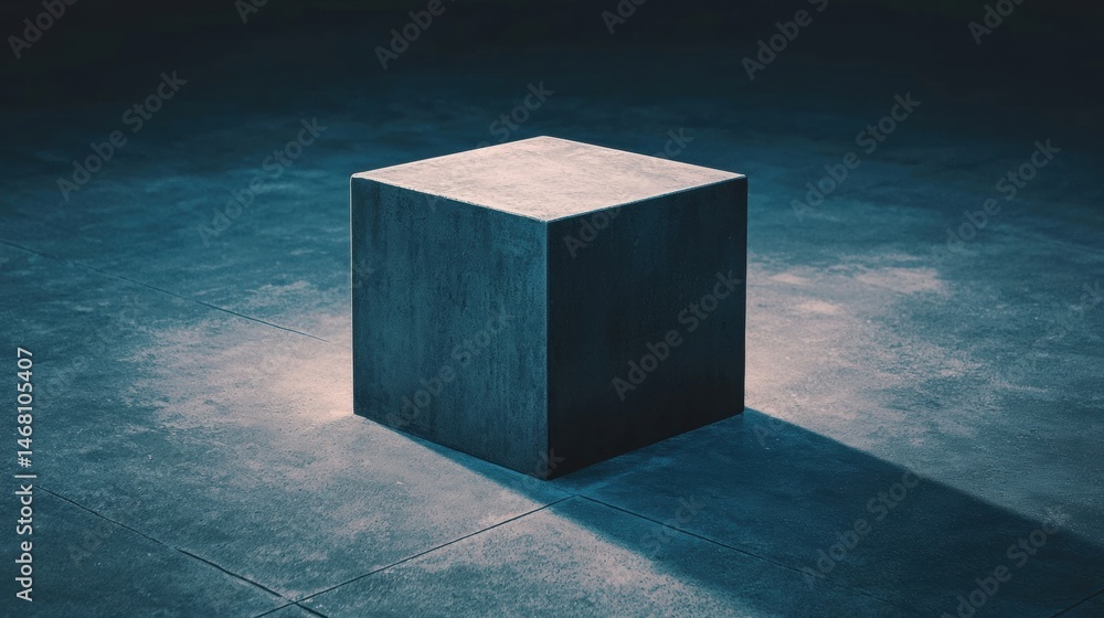 Poster a cube-shaped object casts a shadow on a dark blue tiled floor.