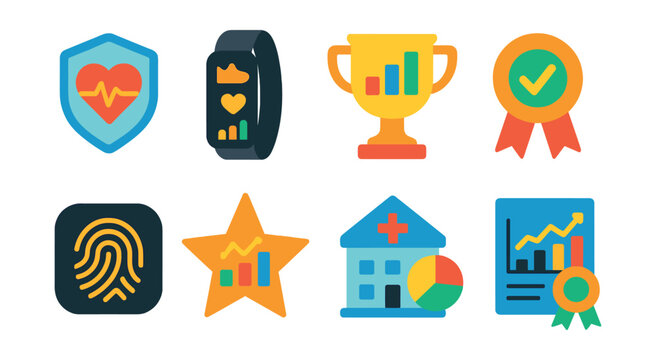 Flat vector icons of health data analytics: patient health metrics badge, fitness tracker dashboard medal, health improvement progress chart trophy, wellness program results ribbon, biometric data