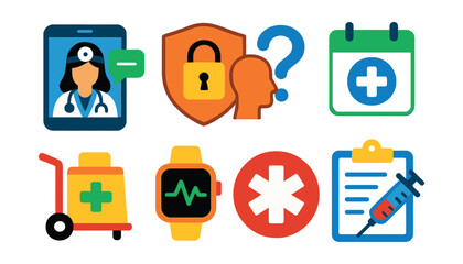 Flat vector icons of medical health apps: telemedicine consultation app, medical records vault, symptom checker icon, doctor appointment scheduler, pharmacy delivery app, chronic illness management