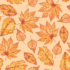 Obraz premium Seamless pattern with autumn leaves motifs painted in watercolor. Watercolor autumn leaves in a cheerful seamless illustration. An idea for festive decoration and creation of life-affirming prints.